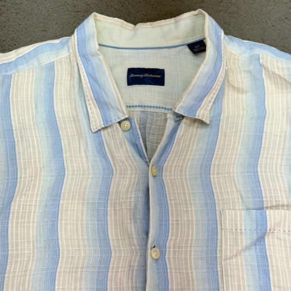 Tommy Bahama Button Down Shirt Mens 2XT Blue Striped Short Sleeve 100% Linen